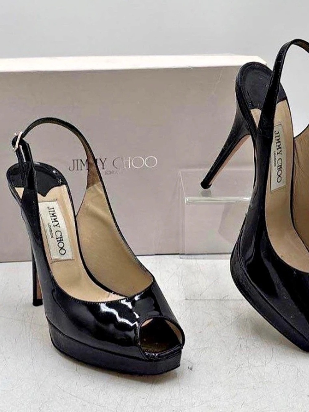 Jimmy Choo Black Patent Platform Peep-Toe Heels